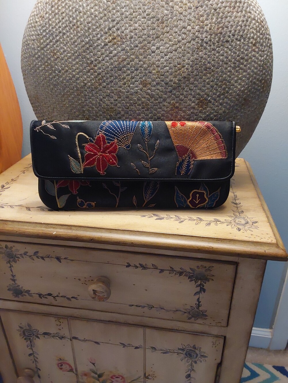 Embroidered Black Floral Satin Clutch